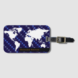 map of world aeroplane travel blue personalised luggage tag