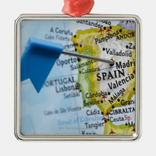 Map pin placed in Madrid, Spain on map, close-up Metal Tree Decoration