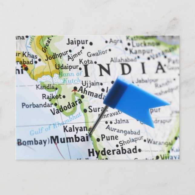 Map pin placed in Mumbai, India on map, close-up Postcard (Front)