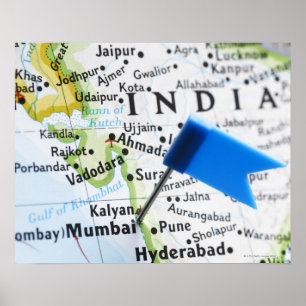 Map pin placed in Mumbai, India on map, close-up Poster