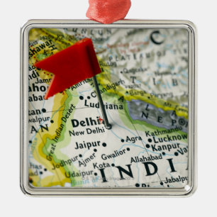 Map pin placed in New Delhi, India on map, Metal Tree Decoration