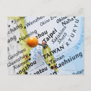 Map pin placed in Taipei, Taiwan on map, Postcard