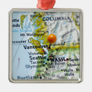 Map pin placed on Vancouver, Canada on map, Metal Tree Decoration