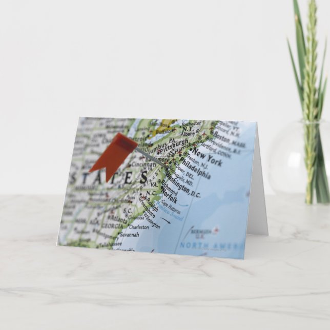 Map pin placed on Washington, D.C. on map, Card (Front)