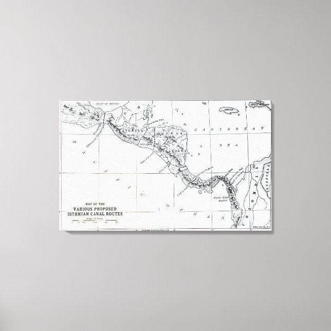 Map Proposed Isthmian Canal Routes Canvas Print (Front)