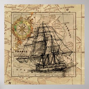 Map Retro Sailing Ship Design Poster
