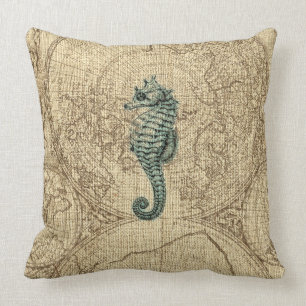 Map Sealife Green Seahorse Illustration Coastal Cushion