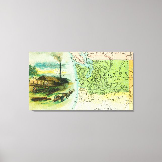 Map View of the State with a Lumbering Scene Canvas Print (Front)