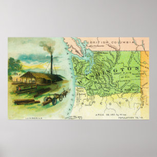 Map View of the State with a Lumbering Scene Poster