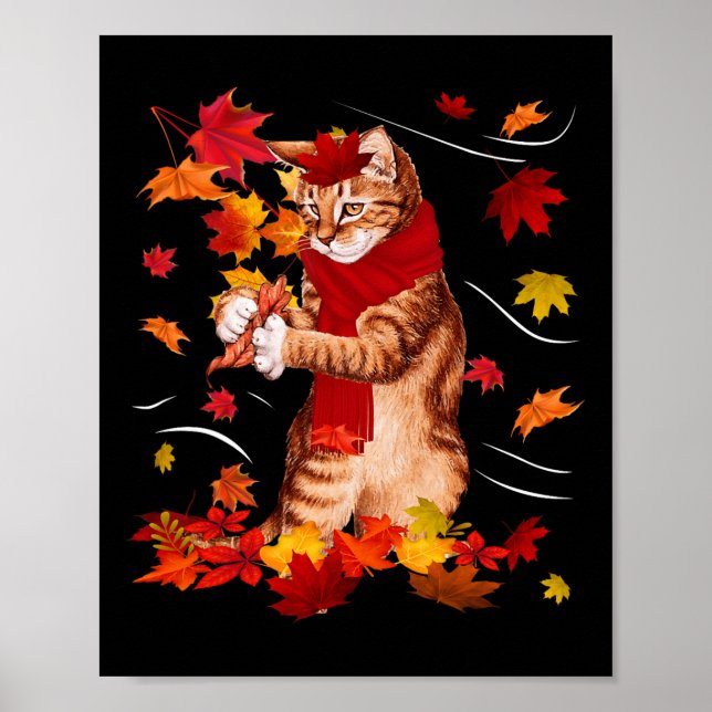 Maple Cat Autumn Maple Hello Fall Leaf Gift Women  Poster (Front)