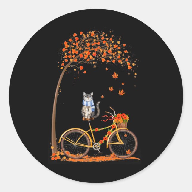 Maple Cat Bike Leaf Fall Hello Autumn Fun  Classic Round Sticker (Front)