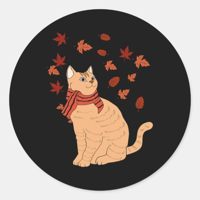 Maple Cat Leaf Fall Hello Autumn Fun Cat  Classic Round Sticker (Front)