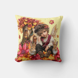 Maple Clan Fairy Boy with Rabbits & Autumn Leaves Cushion