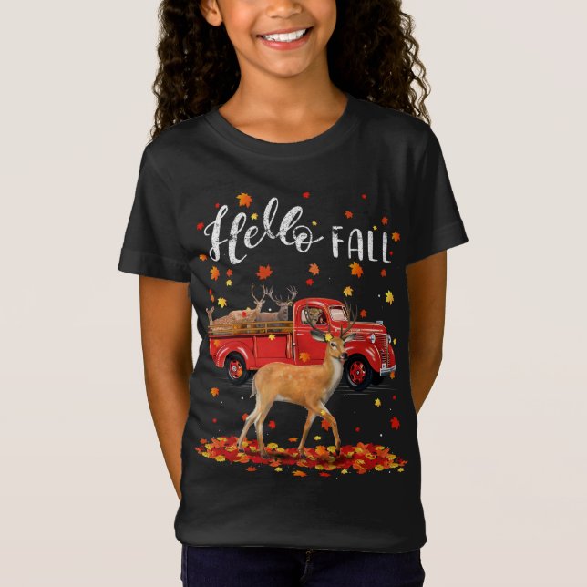 Maple Deer Leaf Fall Autumn Red Truck T-Shirt (Front)