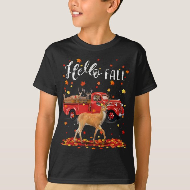 Maple Deer Leaf Fall Autumn Red Truck T-Shirt (Front)
