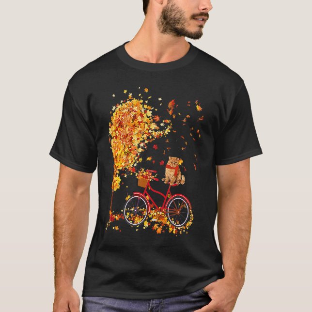 Maple Leaf Autumn Cute Cat On Bicycle I'ts Fall Ya T-Shirt (Front)