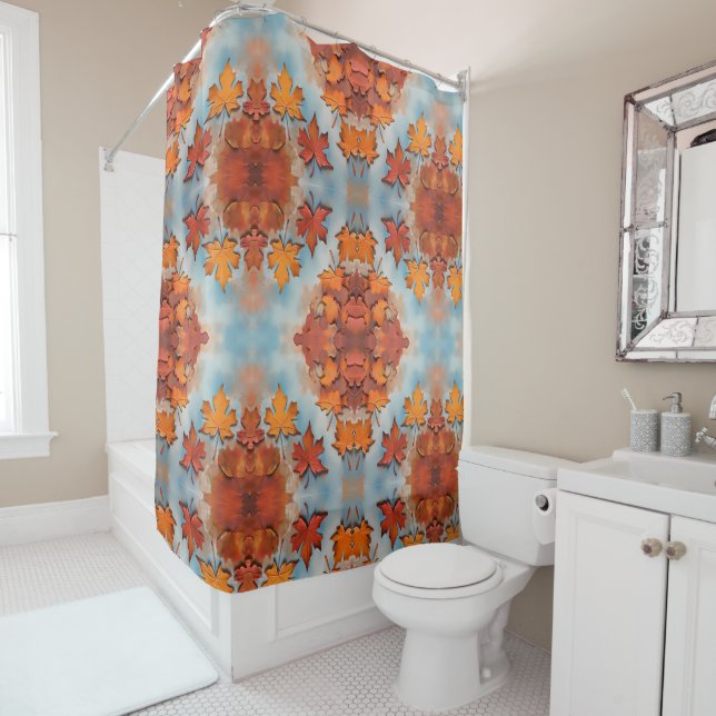 Maple leaf mirrored design pattens shower curtain (In Situ)