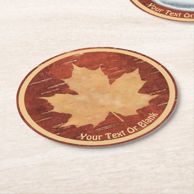 Maple Leaf On Inner Birch Bark Round Paper Coaster (Angled)