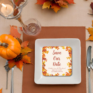 Maple Leaf Orange Terracotta Autumn Save The Date Square Paper Coaster