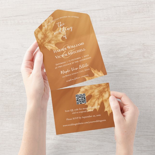 maple leaves accent pumpkin gradient QR code All In One Invitation (Tearaway)