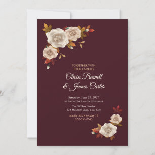 Maple Leaves and Cream Roses Burgundy Wedding Invitation