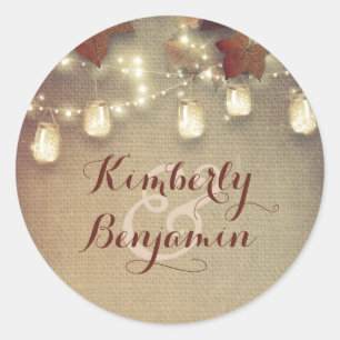 Maple Leaves and Rustic Mason Jar Lights Wedding Classic Round Sticker