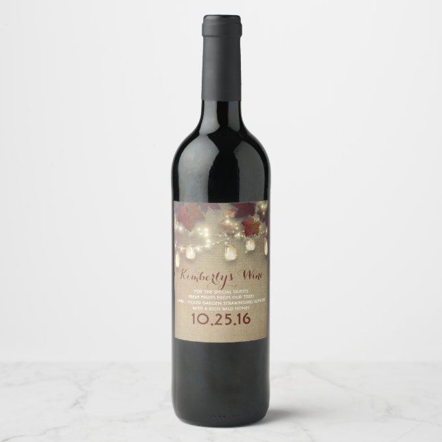Maple Leaves and String Lights Rustic Fall Wedding Wine Label (Front)