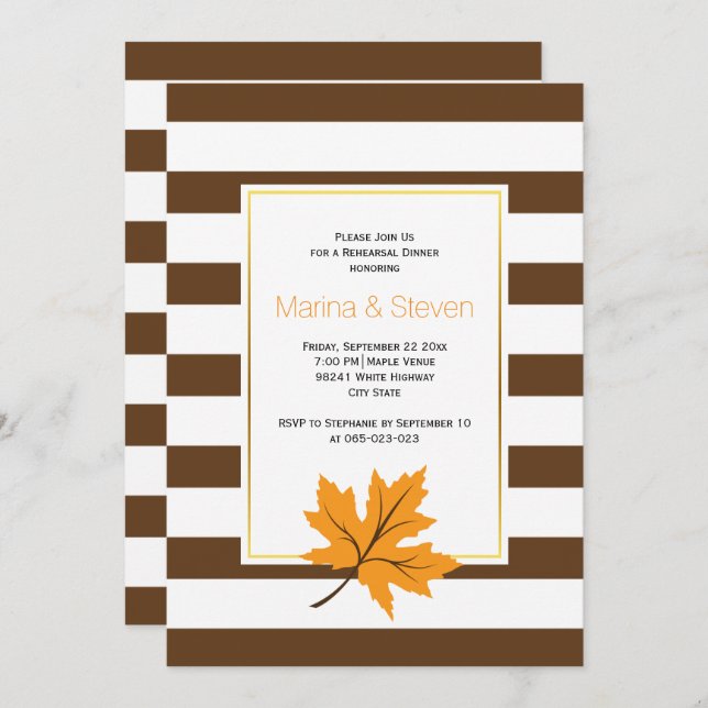 Maple leaves and stripes wedding rehearsal dinner invitation (Front/Back)