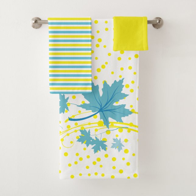 Maple leaves aqua, yellow bathroom towel set (Insitu)