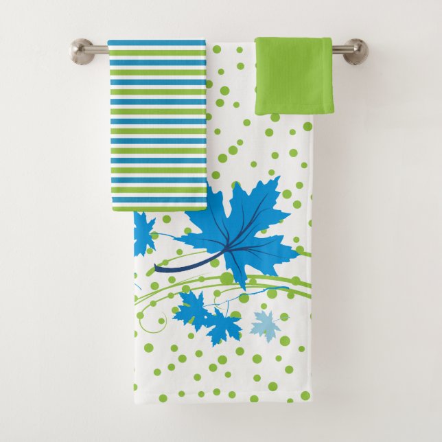 Maple leaves blue and green bathroom towel set (Insitu)