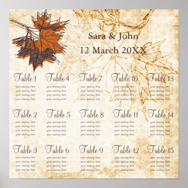 maple leaves, Fall Rustic wedding Seating Chart (Front)