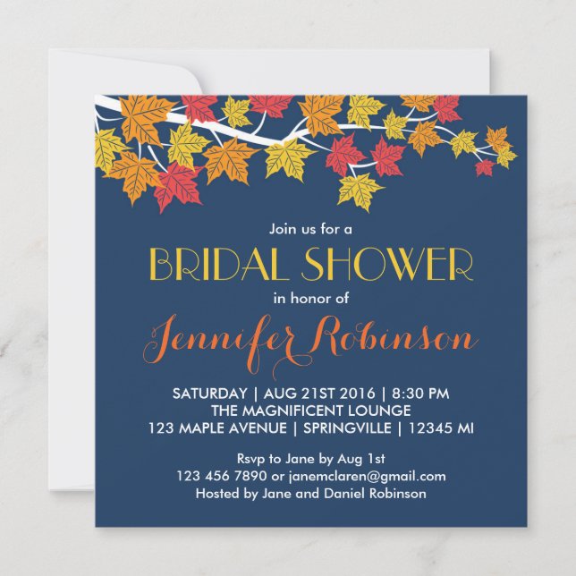 Maple Leaves Navy Blue Fall Wedding Invitation (Front)
