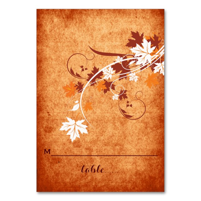 Maple leaves orange fall wedding folded place card (Front)