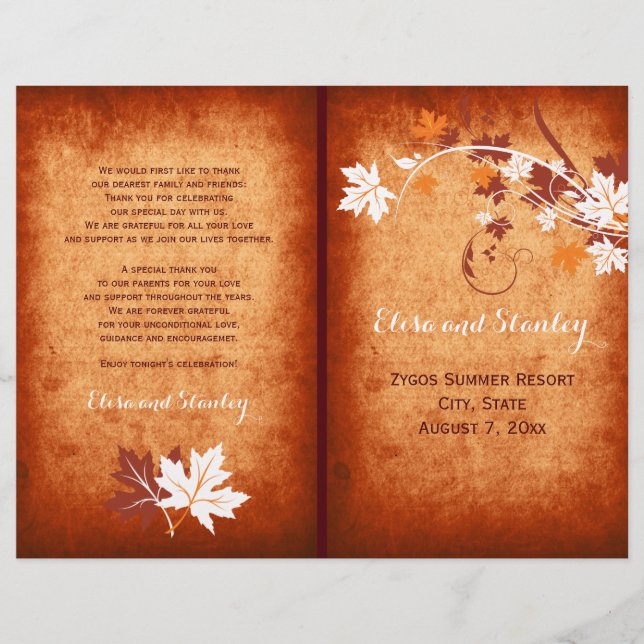 Maple leaves orange fall wedding folded program (Front)