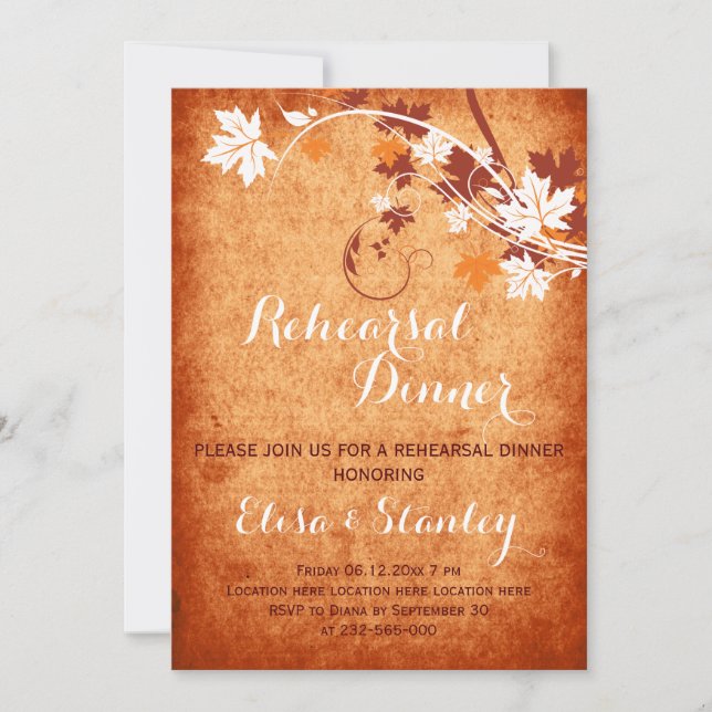 Maple leaves orange fall wedding rehearsal dinner invitation (Front)
