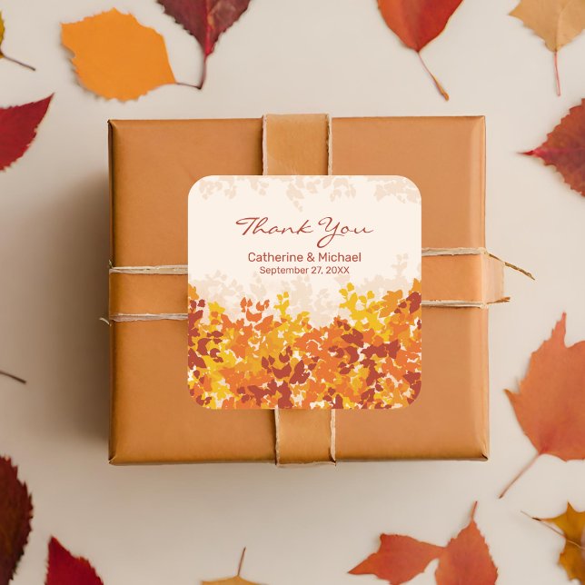 Maple Leaves Orange Terracotta Autumn Thank You Square Sticker (Creator Uploaded)
