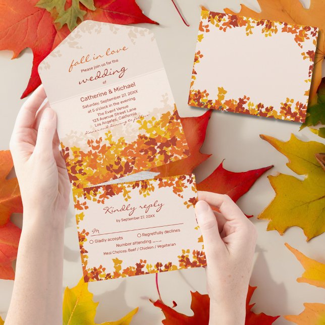 Maple Leaves Orange & Terracotta Autumn Wedding All In One Invitation (Creator Uploaded)