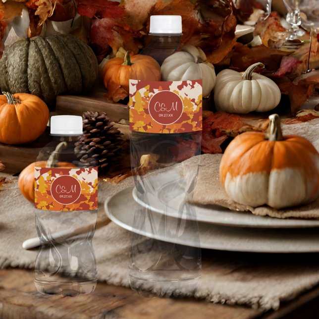 Maple Leaves Orange & Terracotta Autumn Wedding Water Bottle Label (Creator Uploaded)