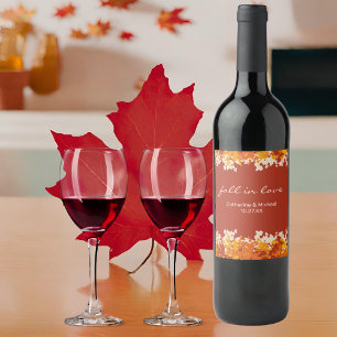 Maple Leaves Orange & Terracotta Autumn Wedding Wine Label