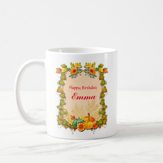 Maple Leaves, Pumpkins, and Vibrant Flowers Coffee Mug (Left)
