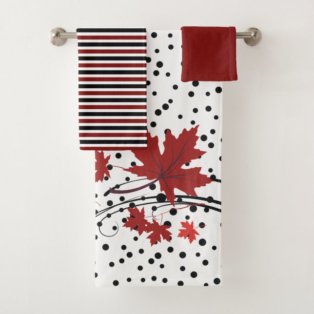 Maple leaves red and black bathroom towel set (Insitu)