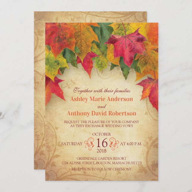 Maple Leaves Wedding Invitation Fall Autumn (Front/Back)