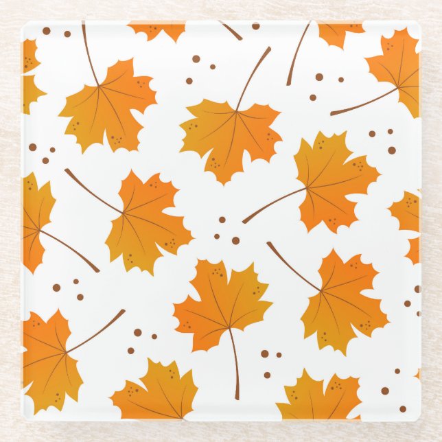 Maple Mirth: Cartoon Autumn Leaves Glass Coaster (Front)