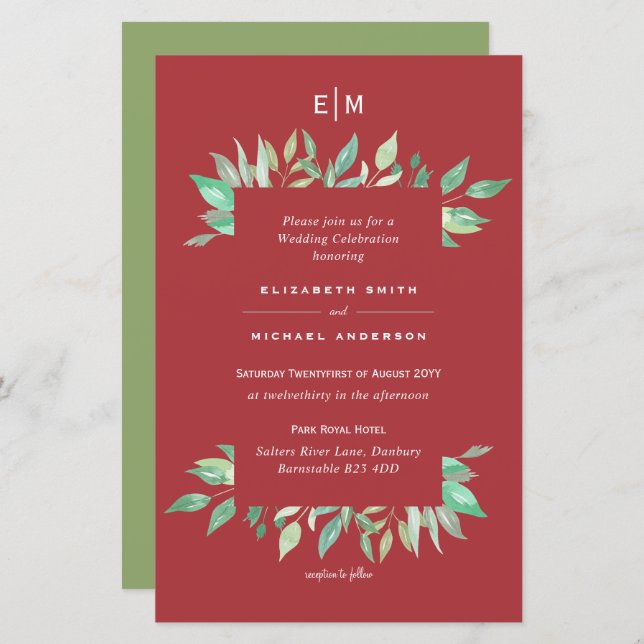 Maple Red Green Magnolia Budget Wedding Invite A9 (Front/Back)