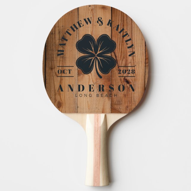 Maple Rough Cut  Irish Lucky Clover Wedding Crest Ping Pong Paddle (Front)