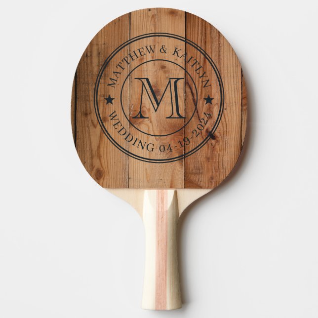 Maple Rough Cut Wedding Monogram Star Ping Pong Paddle (Front)