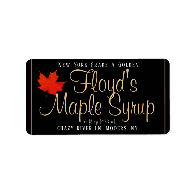 Maple Syrup Address Label with Red Leaf on Black (Front)