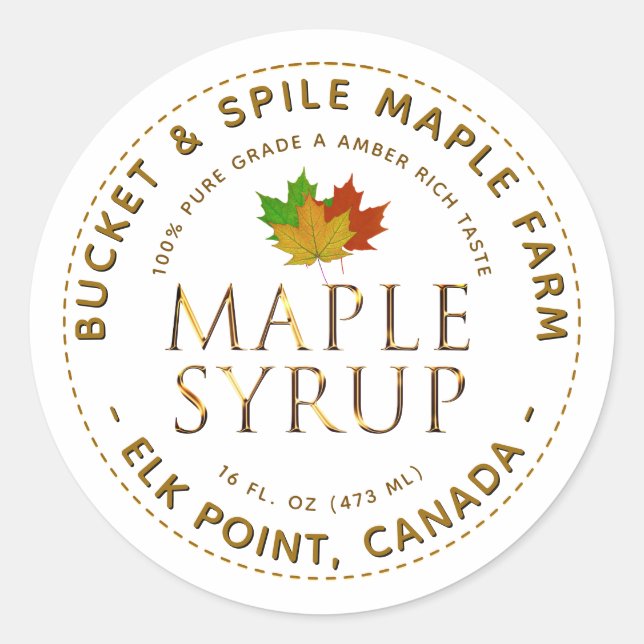 Maple Syrup Label Colourful Maple Leaves Gold Text (Front)