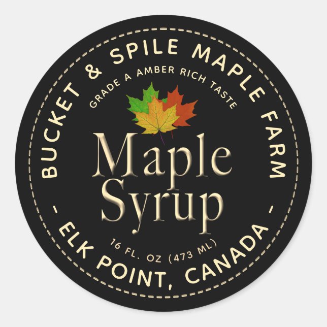 Maple Syrup Label Colourful Maple Leaves Gold Text (Front)