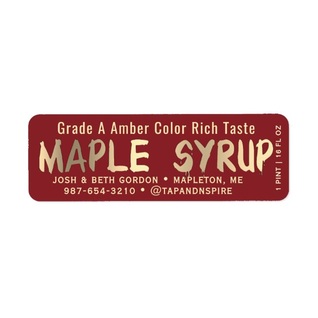 Maple Syrup Label in Metallic Gold Drip Font (Front)